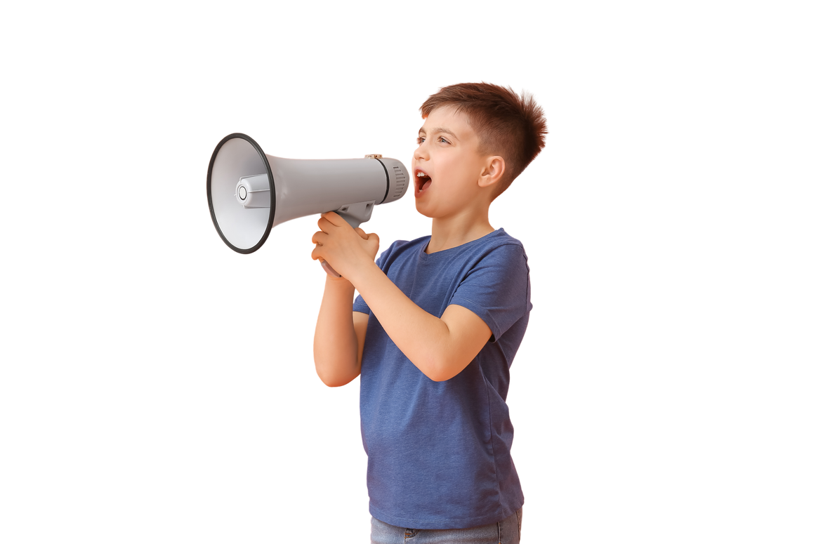 Screaming Little Boy with Megaphone on Color Background